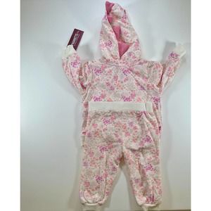 Nannette Baby - Pink Floral Dinosaur Fleece Zip-Up Hoodie Set - 12 months